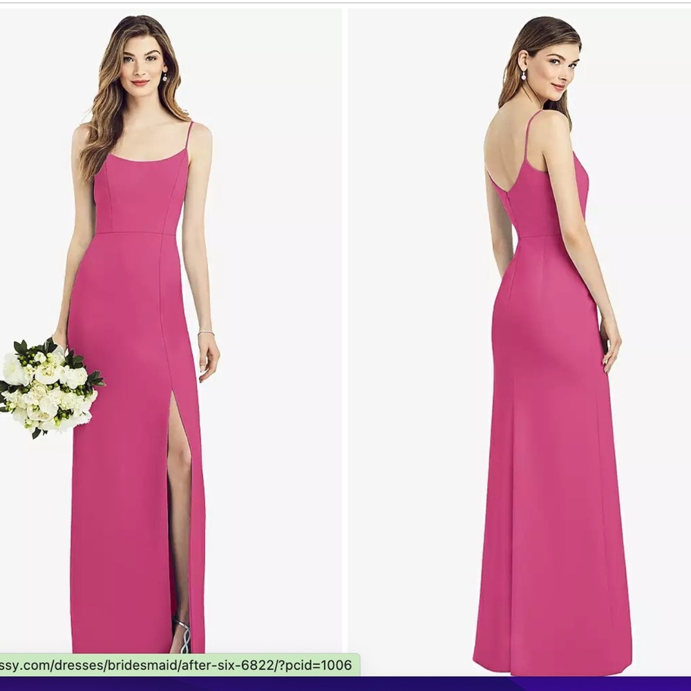 Dessy After Six bridesmaids dress in tea rose. Spaghetti Strap crepe gown